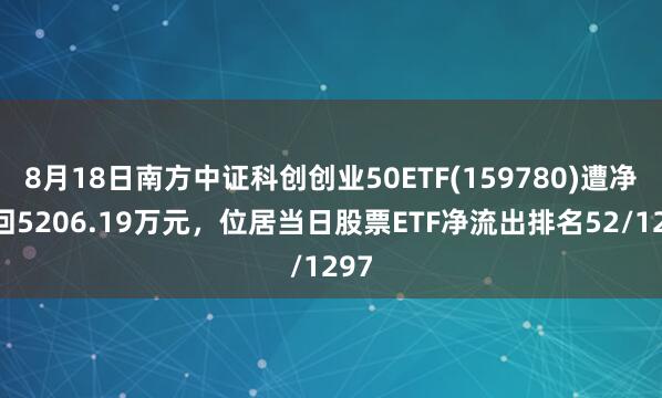 8月18日南方中证科创创业50ETF(159780)遭净赎回5206.19万元,位居当日股票ETF净流出排名52/1297