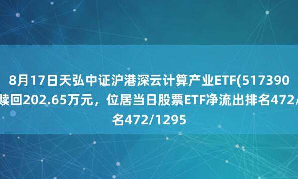 8月17日天弘中证沪港深云计算产业ETF(517390)遭净赎回202.65万元，位居当日股票ETF净流出排名472/1295